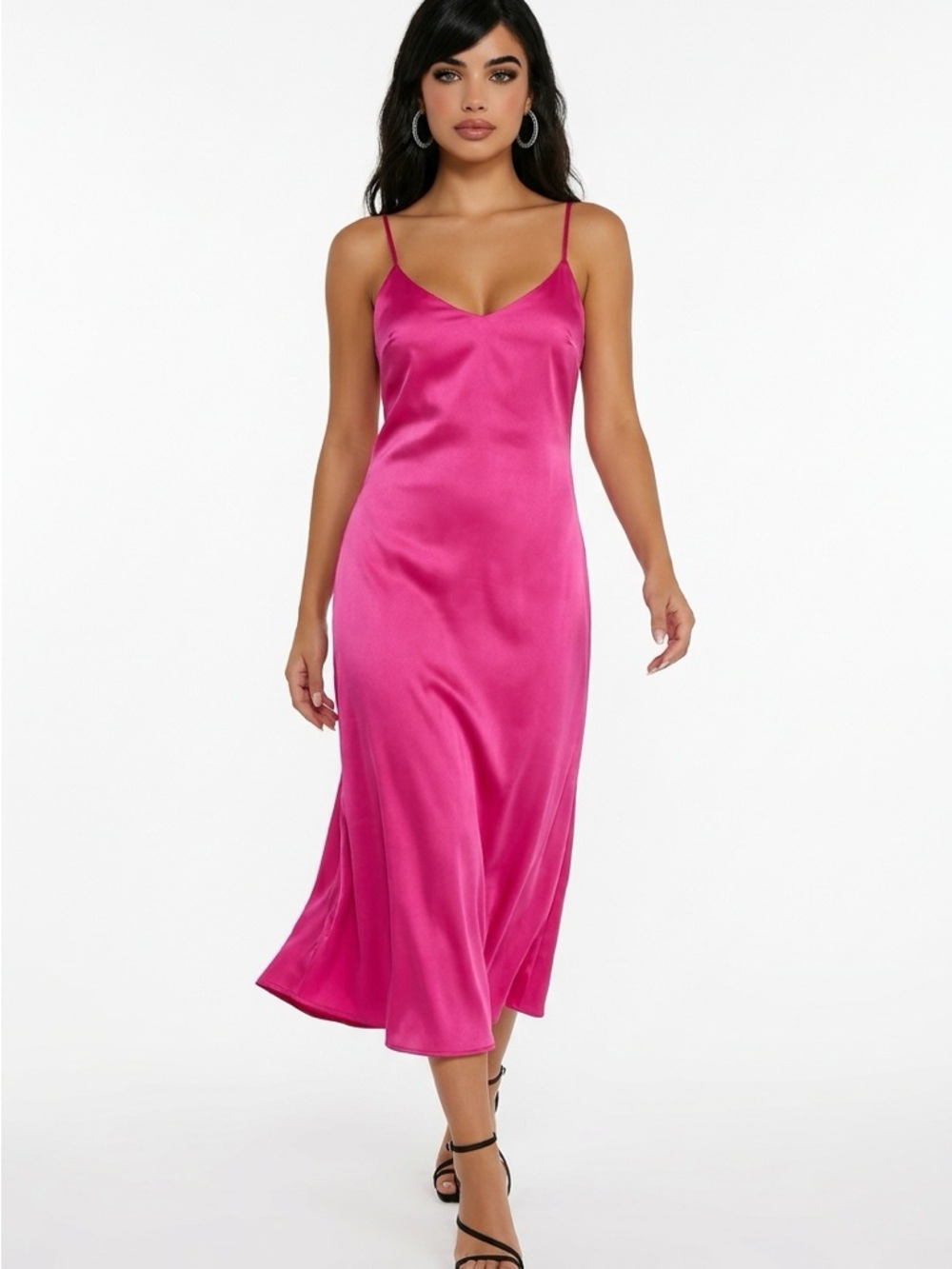 Satin Slip Spaghetti-Strap Dress in Hot Pink